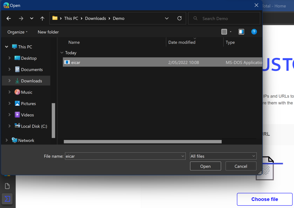 screenshot of the upload file selection 