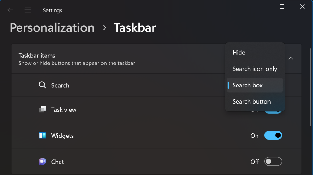 screenshot of settings / Taskbar settings