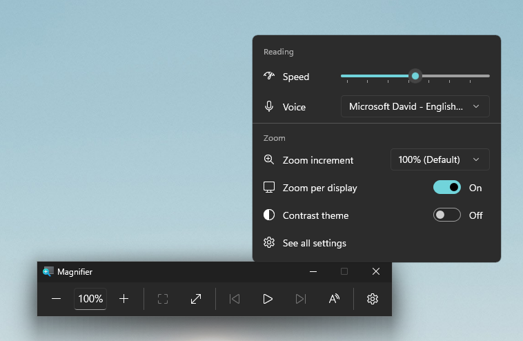 Screenshot of Magnifier with Zoom per display enabled, allowing each monitor to maintain its own zoom level.